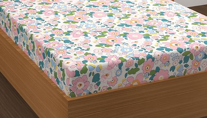 Cotton Feel Glace Cotton Elastic Fitted Printed King Size Double Bed Bedsheet with 2 Pillow Covers