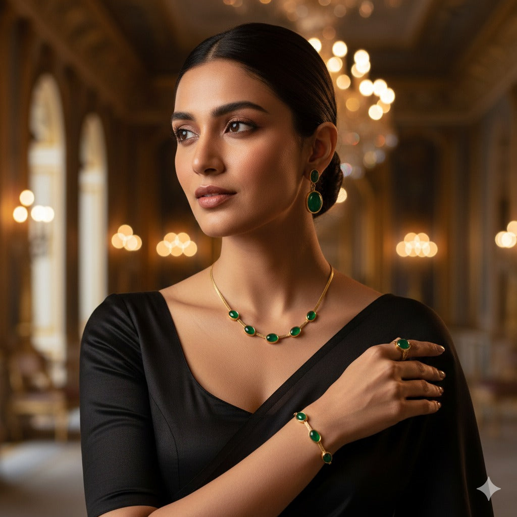 Green Crystal Pendant Necklace, Earrings & Bracelet Jewellery Set
