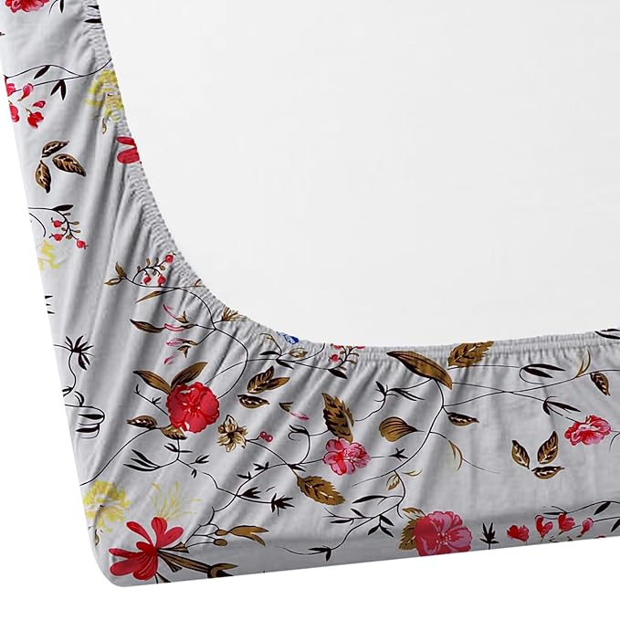 Cotton Feel Glace Cotton Elastic Fitted Printed King Size Double Bed Bedsheet with 2 Pillow Covers