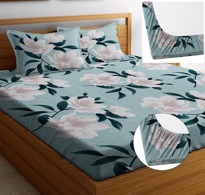 Cotton Feel Glace Cotton Elastic Fitted Printed King Size Double Bed Bedsheet with 2 Pillow Covers