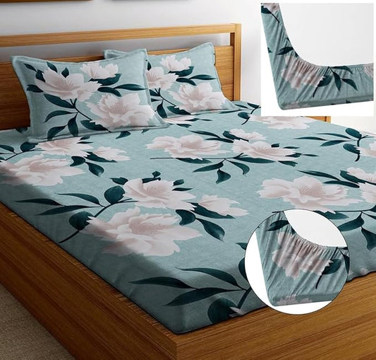 Cotton Feel Glace Cotton Elastic Fitted Printed King Size Double Bed Bedsheet with 2 Pillow Covers