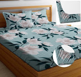 Cotton Feel Glace Cotton Elastic Fitted Printed King Size Double Bed Bedsheet with 2 Pillow Covers