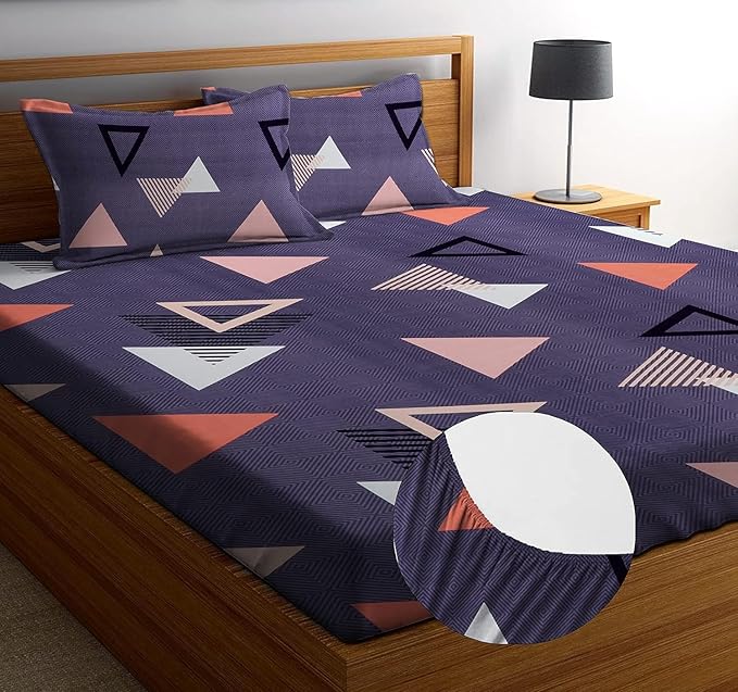 Cotton Feel Glace Cotton Elastic Fitted Printed King Size Double Bed Bedsheet with 2 Pillow Covers