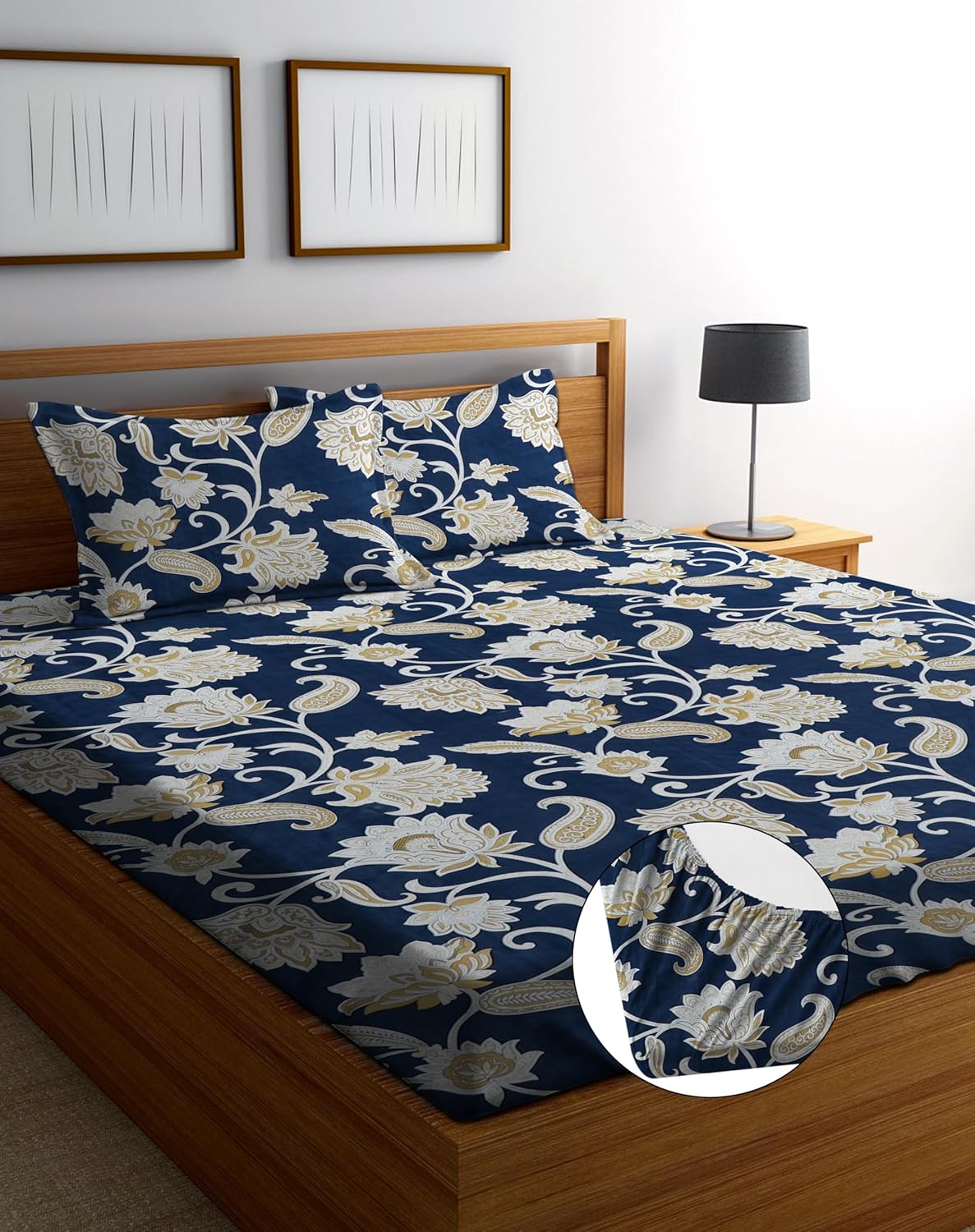 Cotton Feel Glace Cotton Elastic Fitted Printed King Size Double Bed Bedsheet with 2 Pillow Covers