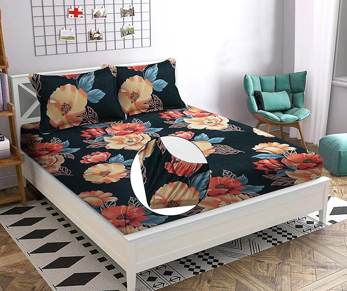 Cotton Feel Glace Cotton Elastic Fitted Printed King Size Double Bed Bedsheet with 2 Pillow Covers