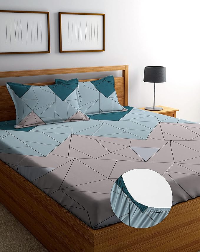 Cotton Feel Glace Cotton Elastic Fitted Printed King Size Double Bed Bedsheet with 2 Pillow Covers