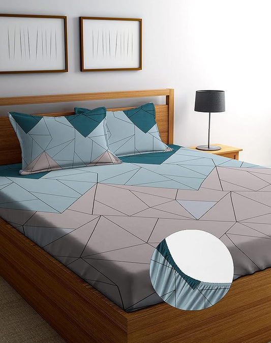 Cotton Feel Glace Cotton Elastic Fitted Printed King Size Double Bed Bedsheet with 2 Pillow Covers