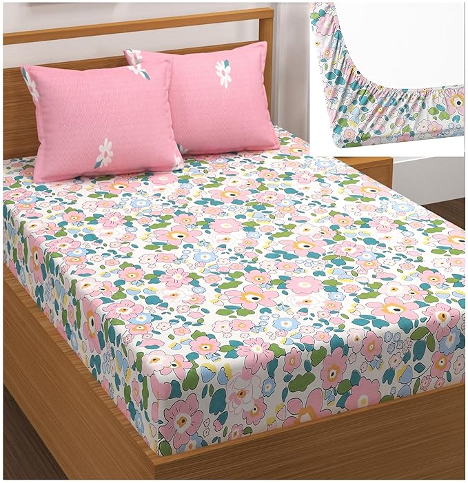 Cotton Feel Glace Cotton Elastic Fitted Printed King Size Double Bed Bedsheet with 2 Pillow Covers