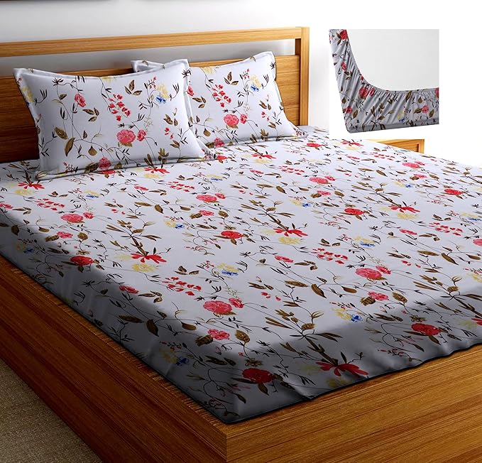 Cotton Feel Glace Cotton Elastic Fitted Printed King Size Double Bed Bedsheet with 2 Pillow Covers