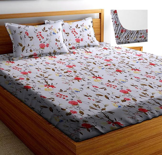Cotton Feel Glace Cotton Elastic Fitted Printed King Size Double Bed Bedsheet with 2 Pillow Covers