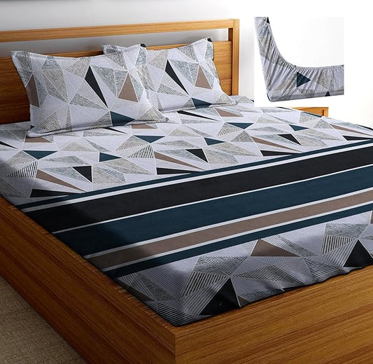 Cotton Feel Glace Cotton Elastic Fitted Printed King Size Double Bed Bedsheet with 2 Pillow Covers